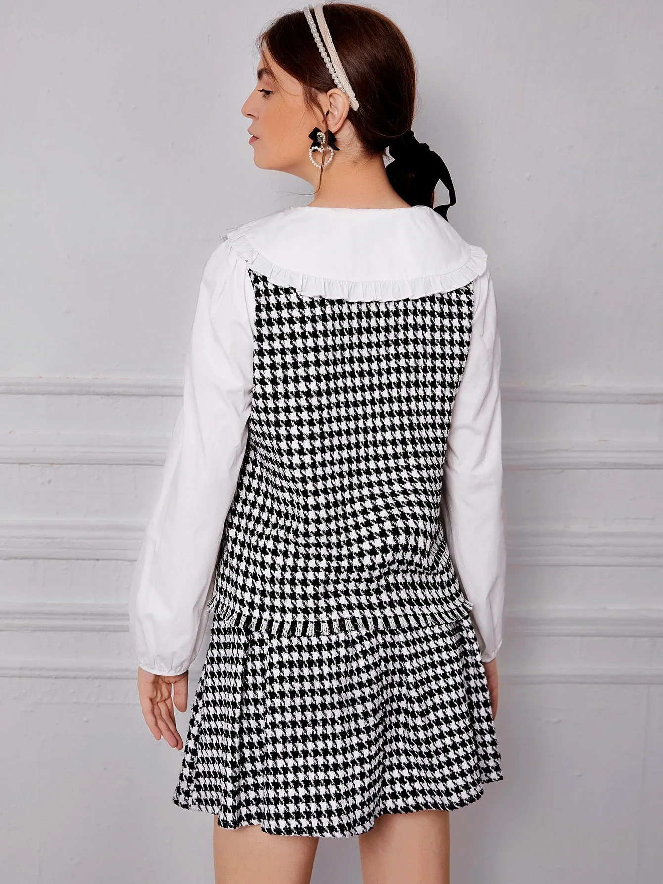 Preppy Houndstooth Frill Long Sleeve Peter Pan Collar Regular Blouse