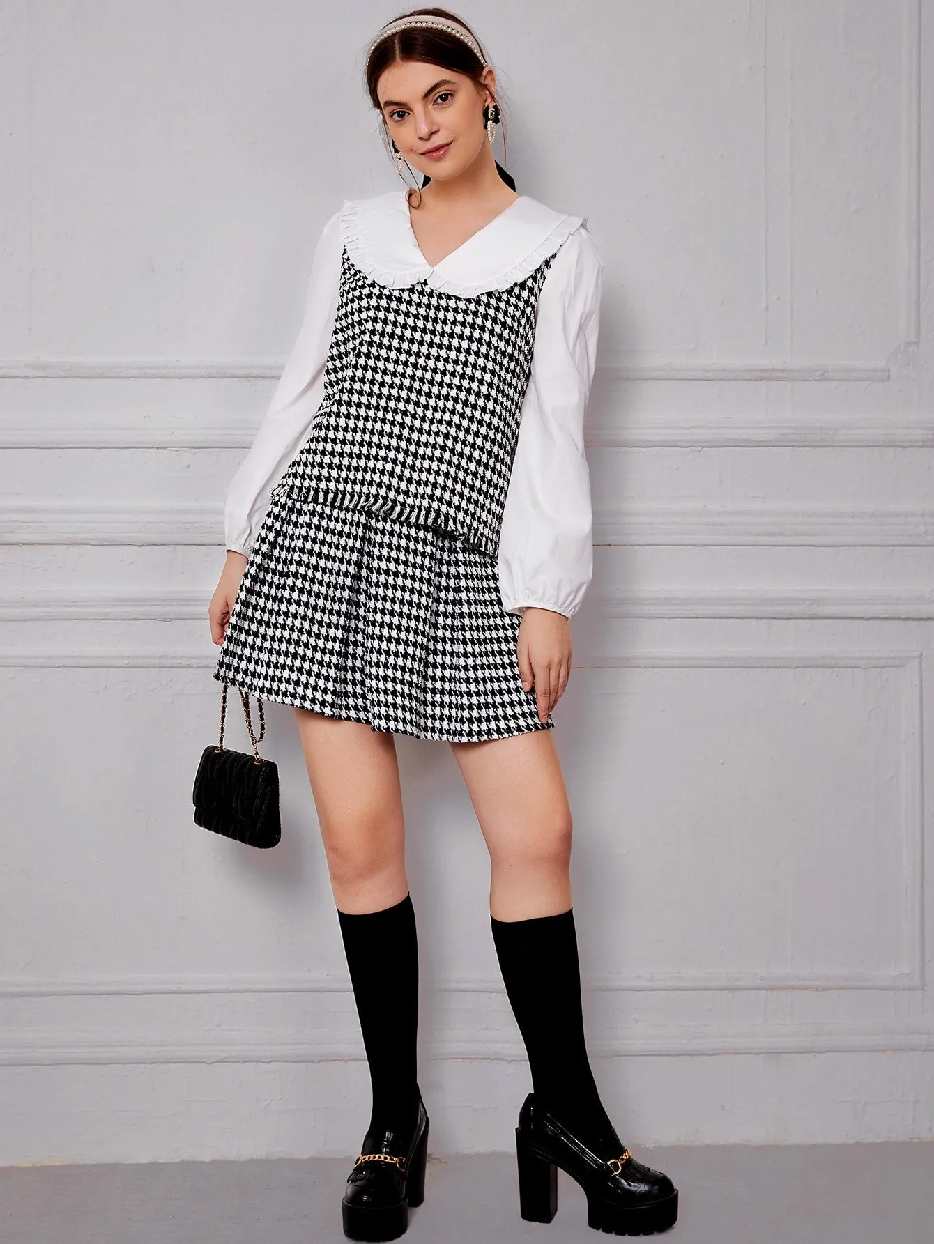 Preppy Houndstooth Frill Long Sleeve Peter Pan Collar Regular Blouse