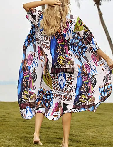 Print Kimono: Women's Short Sleeve Swimsuit Cover Up