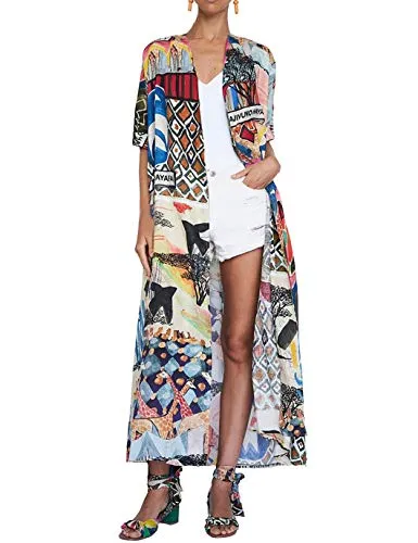 Print Kimono: Women's Short Sleeve Swimsuit Cover Up