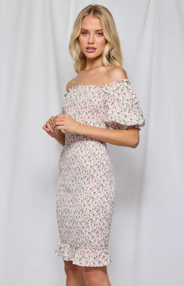 Printed Off The Shoulder Shirred Midi Dress