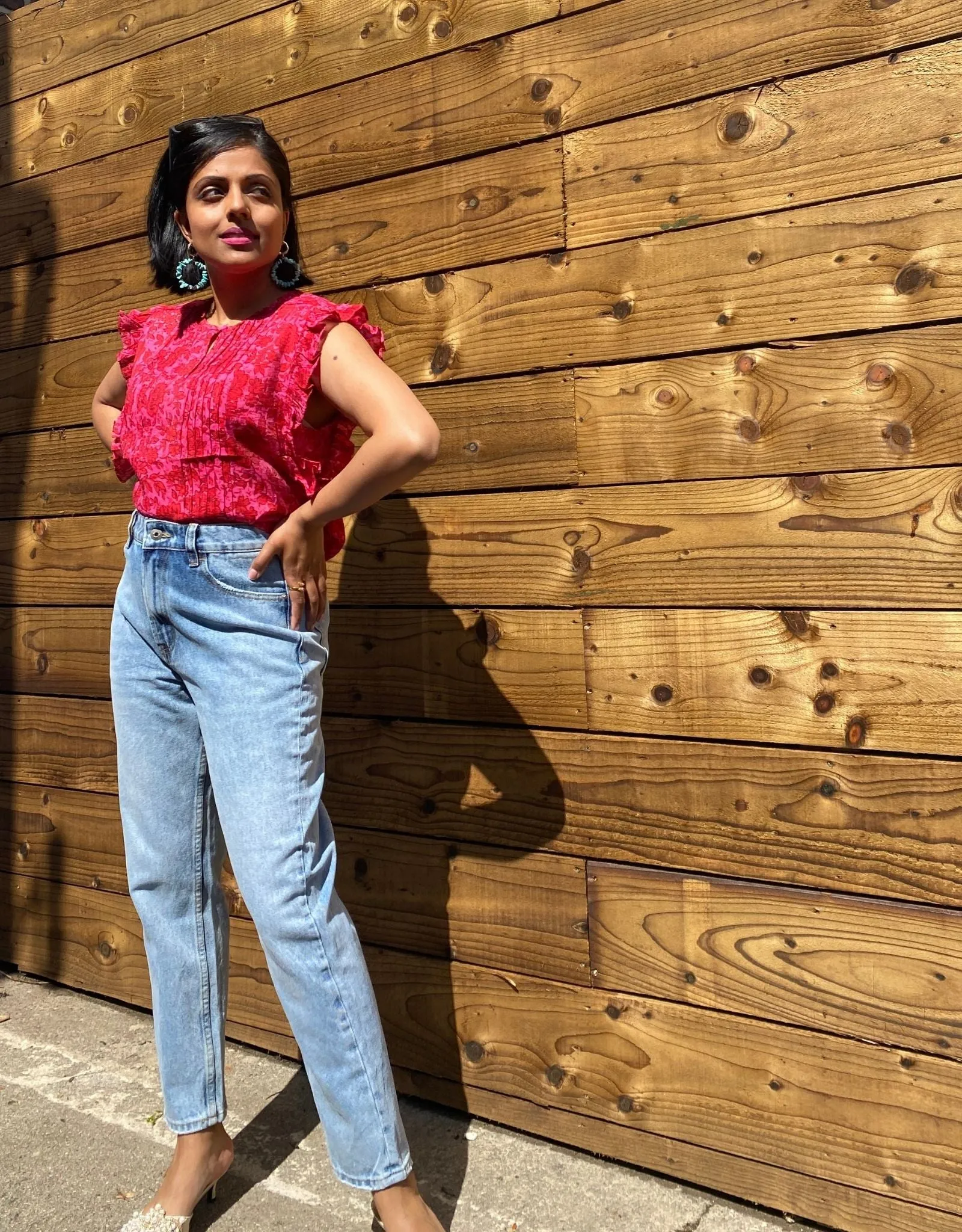 Red and Pink Printed Silk Mix Sleeveless Top