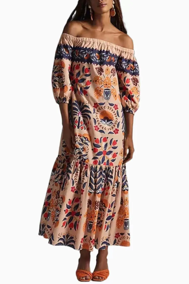 Retro Off the Shoulder Floral Pocket Midi Dress