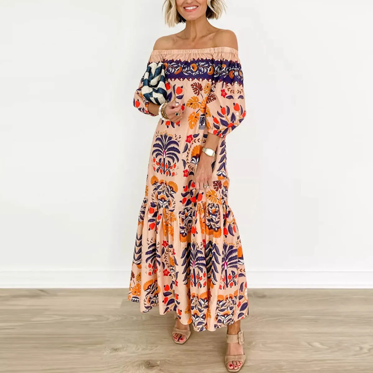 Retro Off the Shoulder Floral Pocket Midi Dress