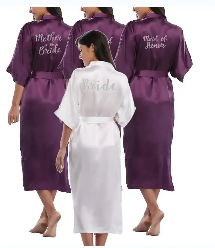 Royal Purple & White Satin Bridal Party Robes Set