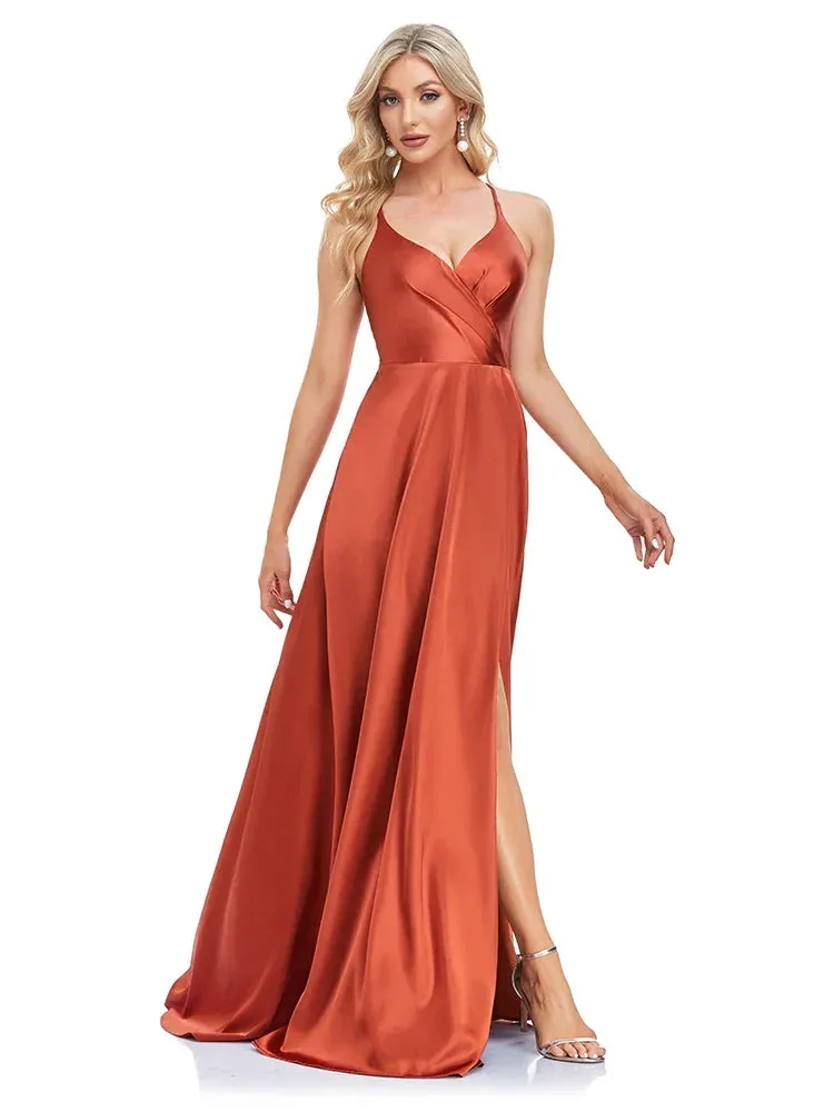 Satin Maxi Dress in Burnt Sienna for Elegant Nights