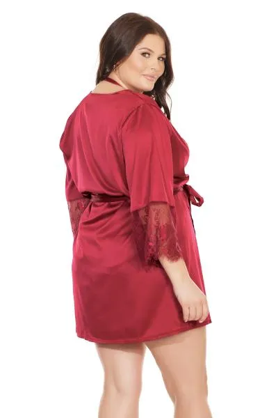 Satin Robe with Lace Finish - Merlot - One Size/X-Large