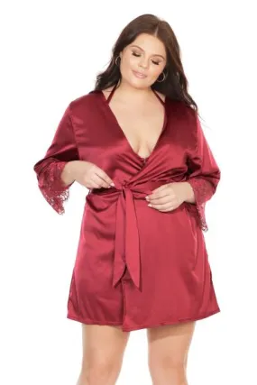 Satin Robe with Lace Finish - Merlot - One Size/X-Large