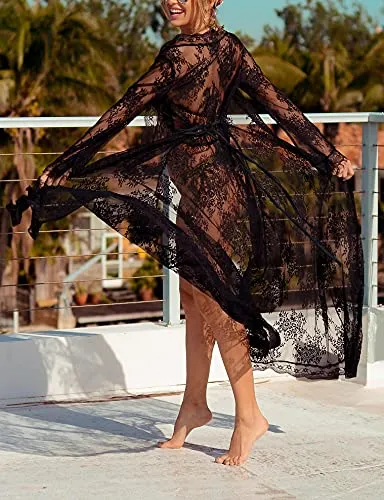 Sexy Sheer Lace Kimono Robe: Women's Bikini Swimwear Cover Up