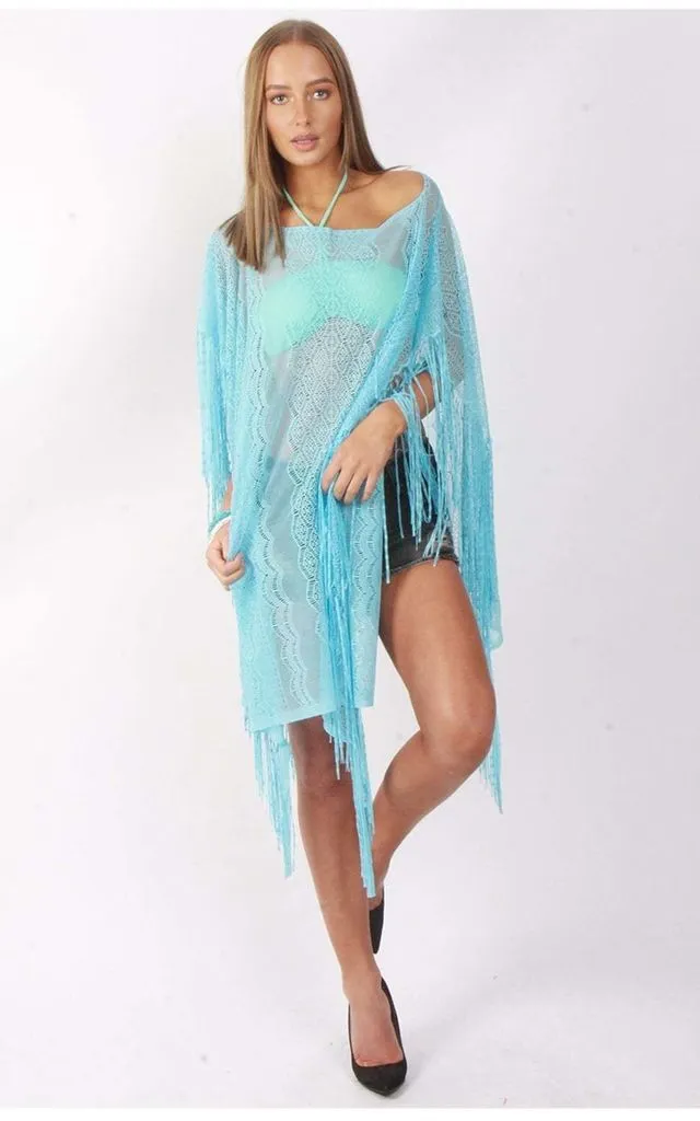 Sheer Lace Tassel Kaftan Top Cover Up