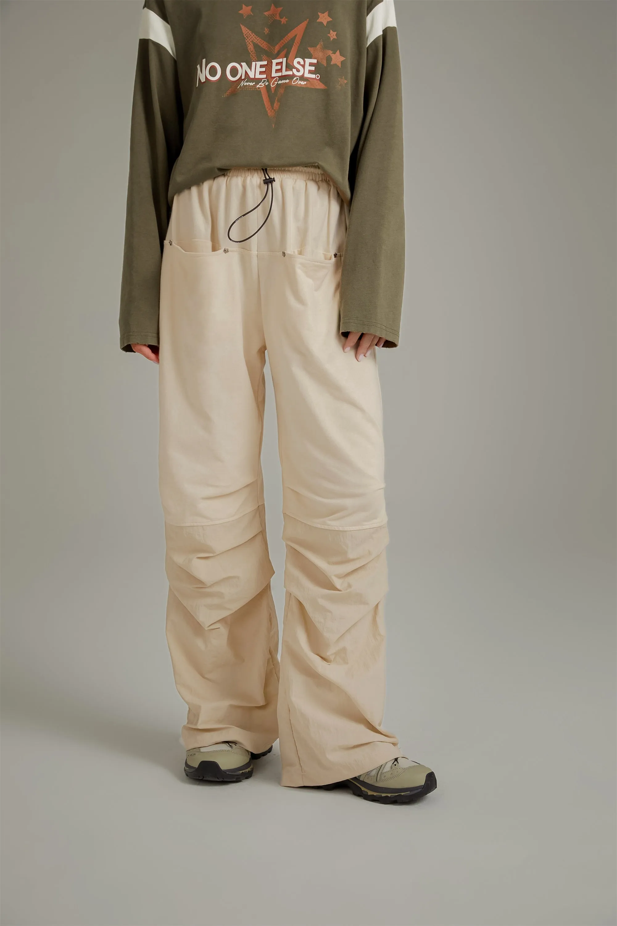 Shirring Drawstring Wide Leg Casual Pants