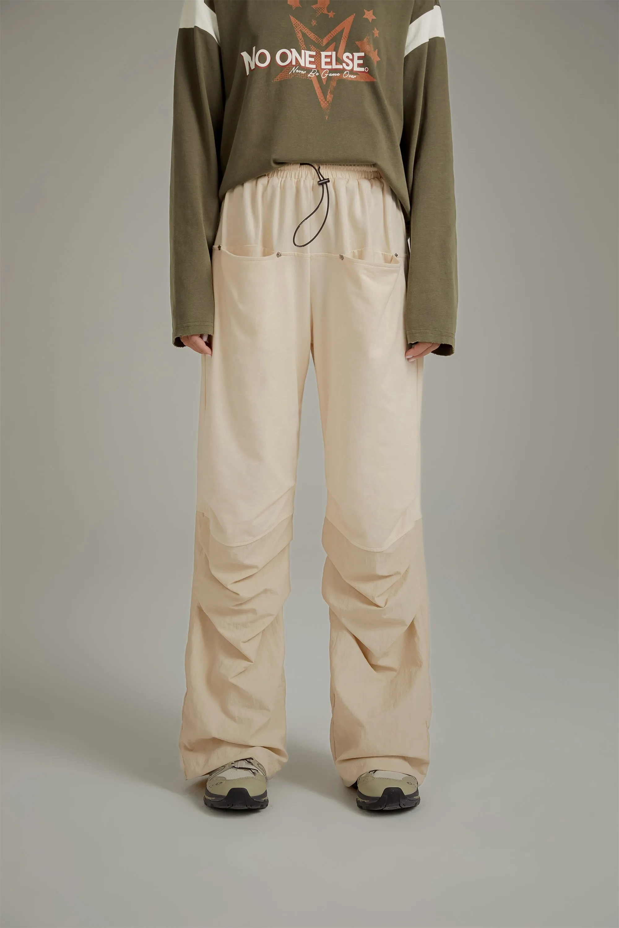 Shirring Drawstring Wide Leg Casual Pants