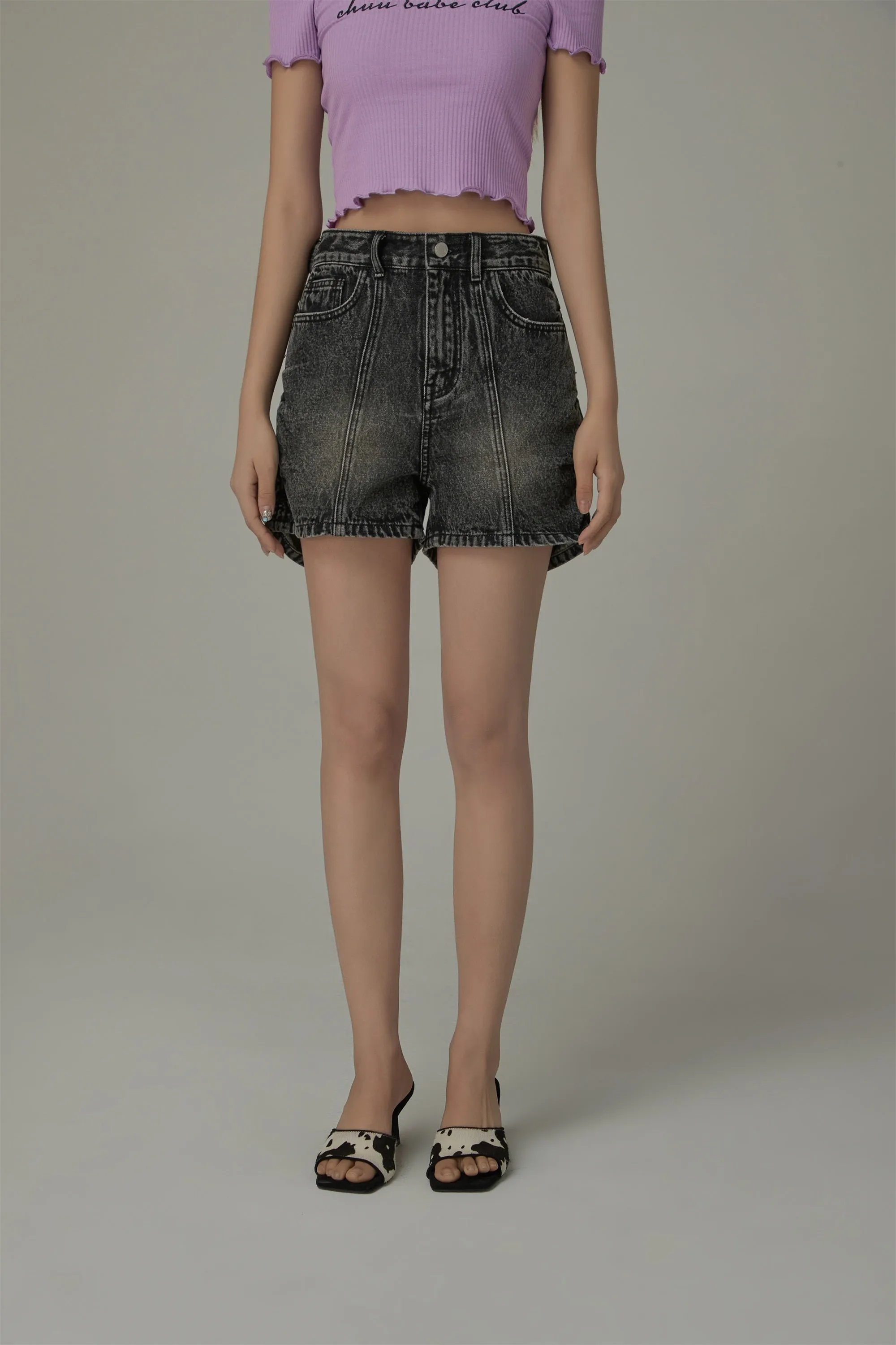 Side Shirred High Waisted Denim Shorts