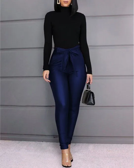 Skinny Tie Knot Belted Faux Leather Legging Pants