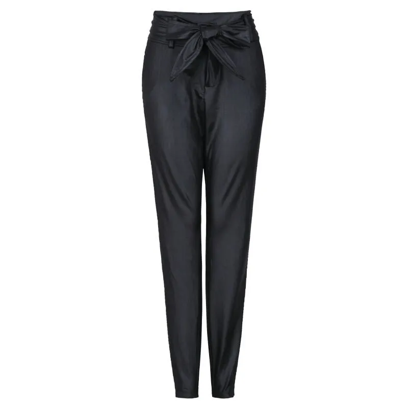 Skinny Tie Knot Belted Faux Leather Legging Pants