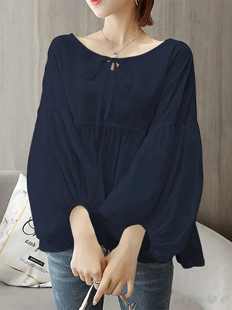 Solid Knotted Ruched Puff Sleeve Casual Blouse