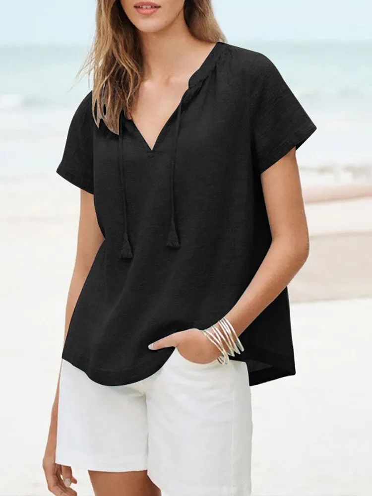 Solid Tassel Knotted V Neck Casual Blouse