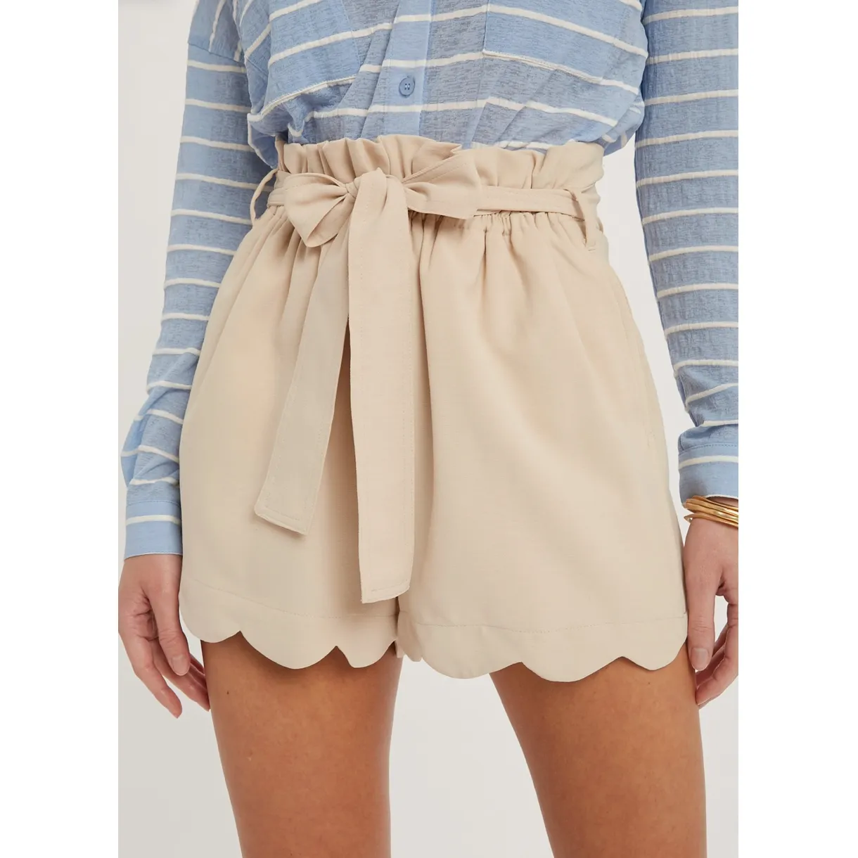 Tan Scallop Hem High Waisted Shorts