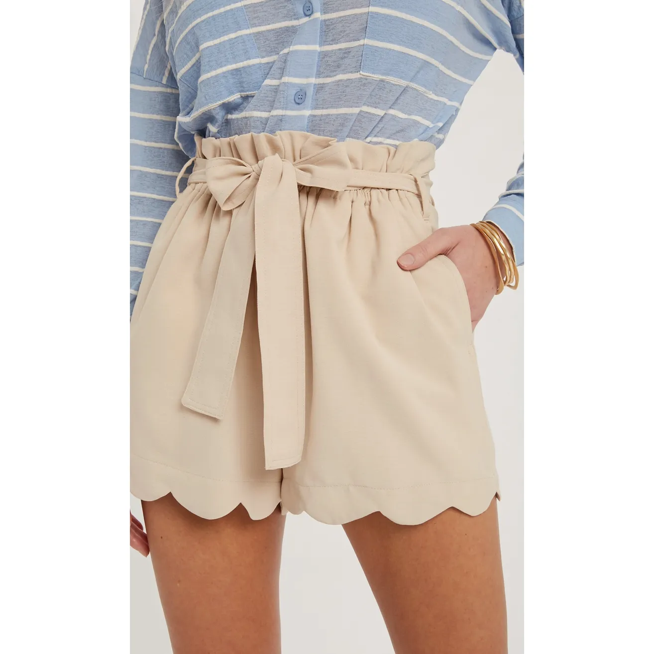 Tan Scallop Hem High Waisted Shorts