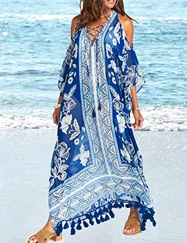 Tassel Chiffon Beach Kaftan: Sexy Cold Shoulder Swim Cover Up