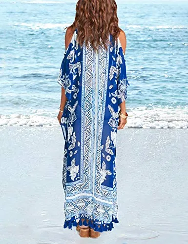 Tassel Chiffon Beach Kaftan: Sexy Cold Shoulder Swim Cover Up