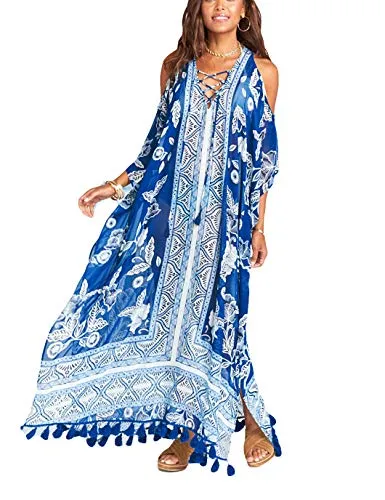 Tassel Chiffon Beach Kaftan: Sexy Cold Shoulder Swim Cover Up