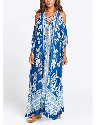 Tassel Chiffon Beach Kaftan: Sexy Cold Shoulder Swim Cover Up