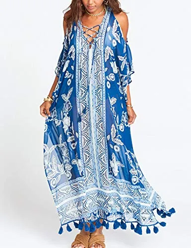 Tassel Chiffon Beach Kaftan: Sexy Cold Shoulder Swim Cover Up