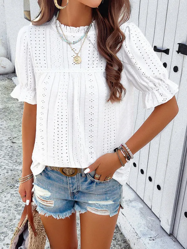 Textured Eyelet Frill Stand Collar Blouse with Puff Sleeves