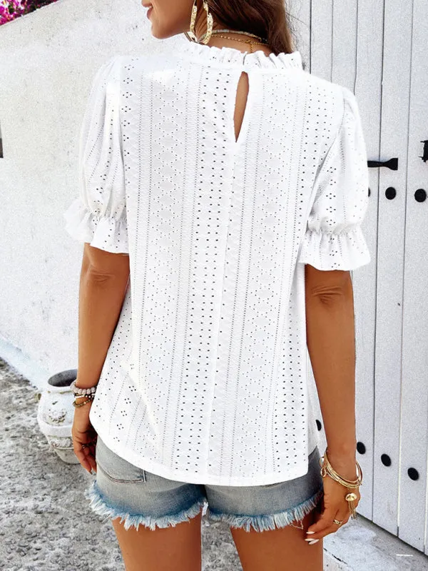 Textured Eyelet Frill Stand Collar Blouse with Puff Sleeves