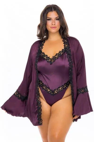 Thea Embroidered Sleeves Short Robe - Italian Plum/Black - 1/2X