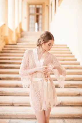 Tulip French Lace & Silk Kimono Robe in Blush Pink