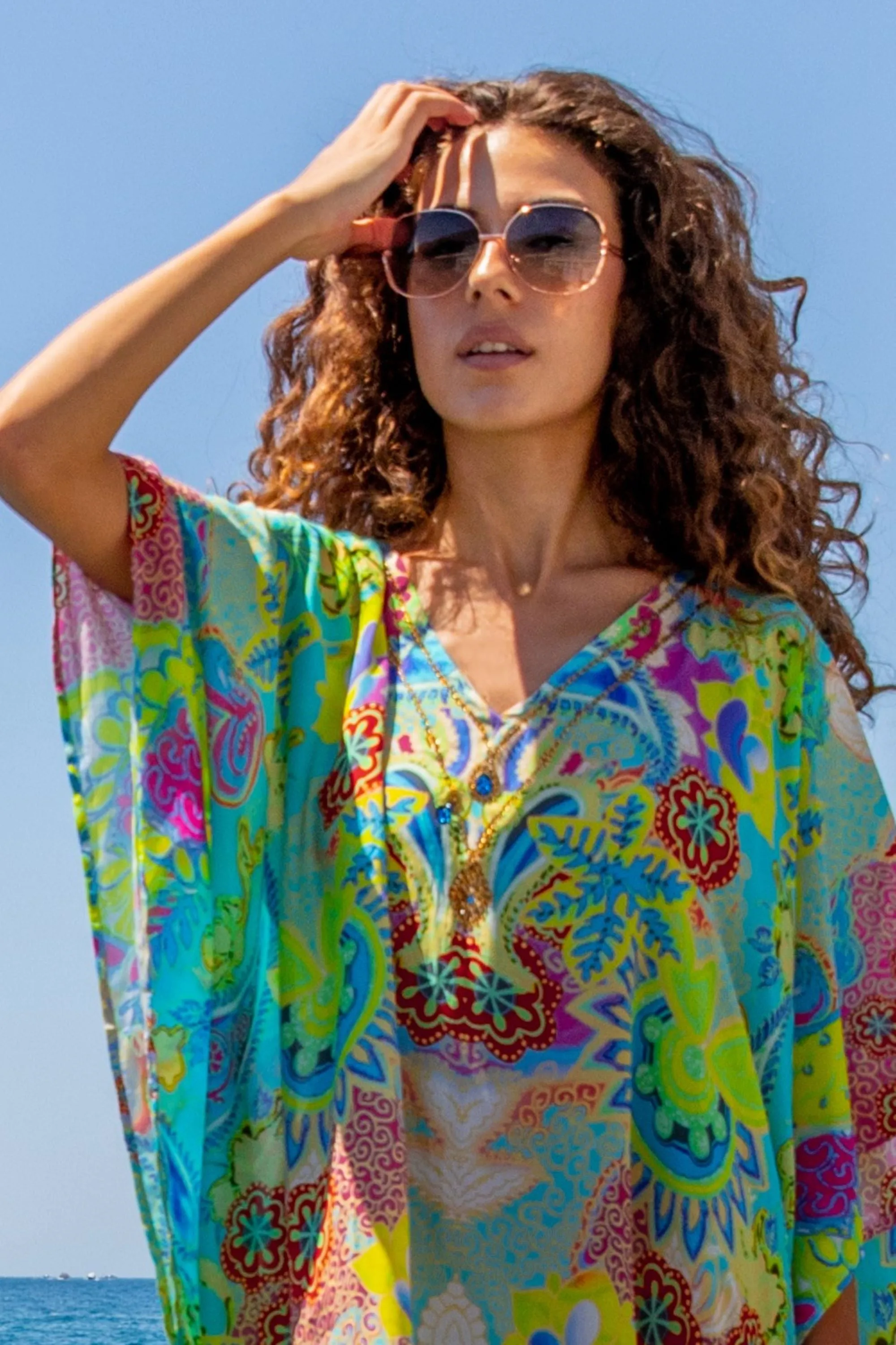 Turquoise yellow silk designer beach cover up