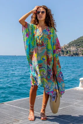 Turquoise yellow silk designer beach cover up