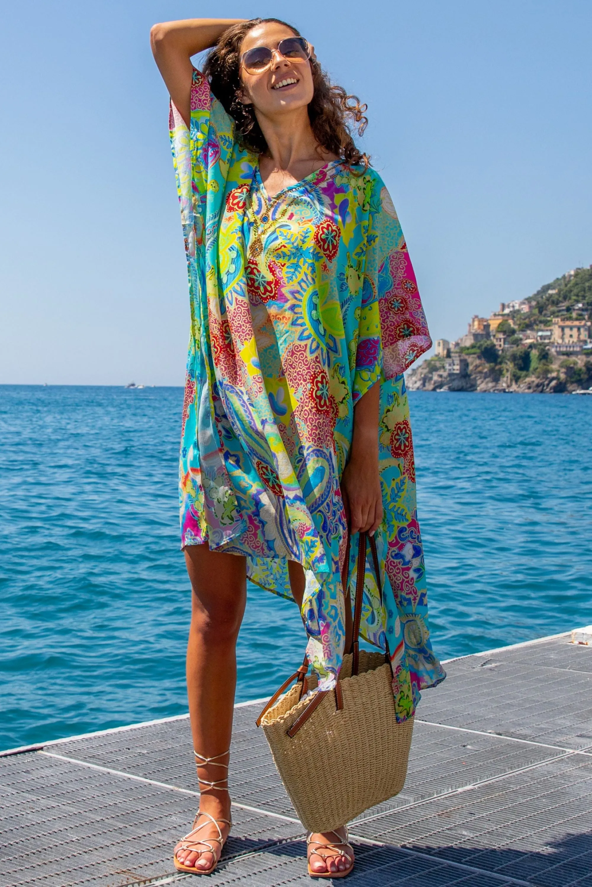 Turquoise yellow silk designer beach cover up