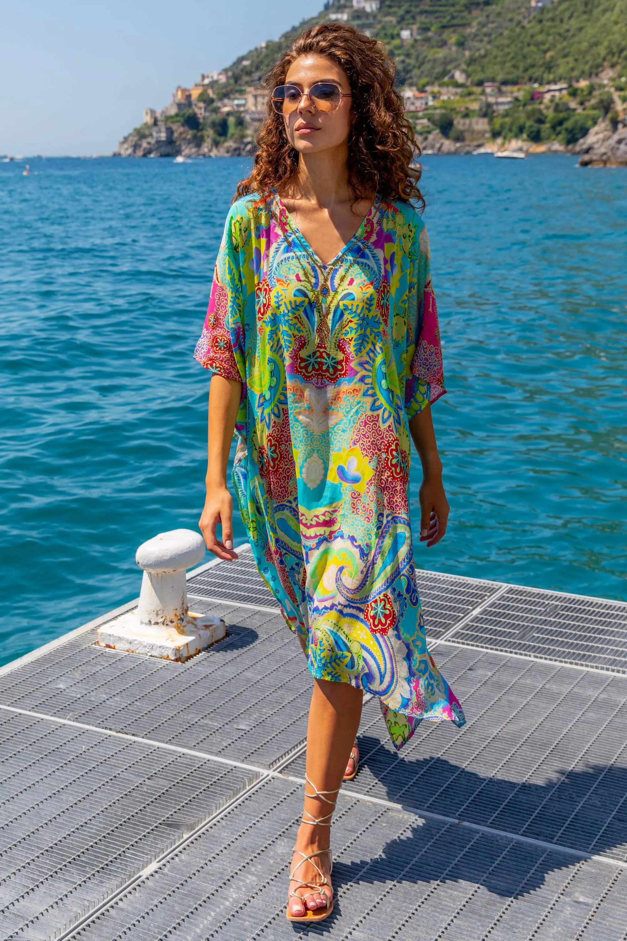 Turquoise yellow silk designer beach cover up