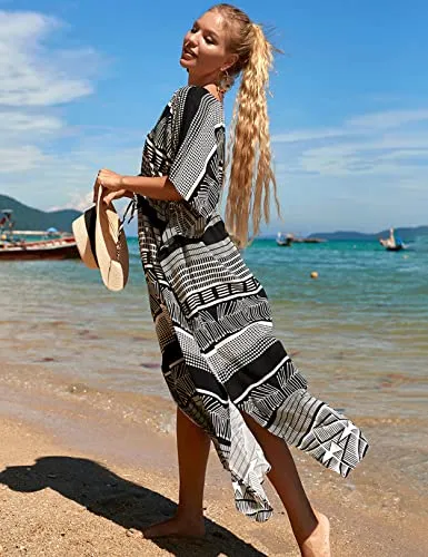 V-Neck Drawstring Kaftan Swimsuit Cover Ups for Women