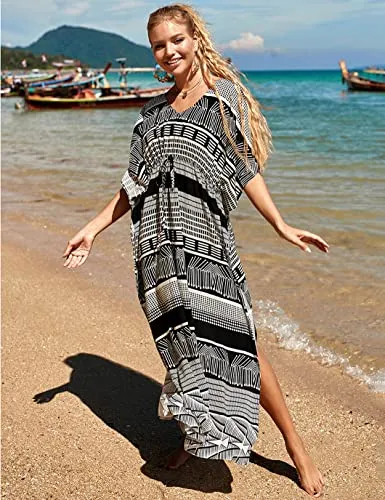 V-Neck Drawstring Kaftan Swimsuit Cover Ups for Women