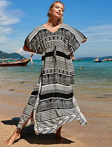 V-Neck Drawstring Kaftan Swimsuit Cover Ups for Women