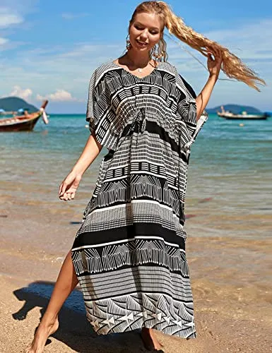 V-Neck Drawstring Kaftan Swimsuit Cover Ups for Women