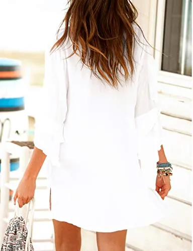 V-Neck Lace Short Sleeve Beach Coverup Dress for Women