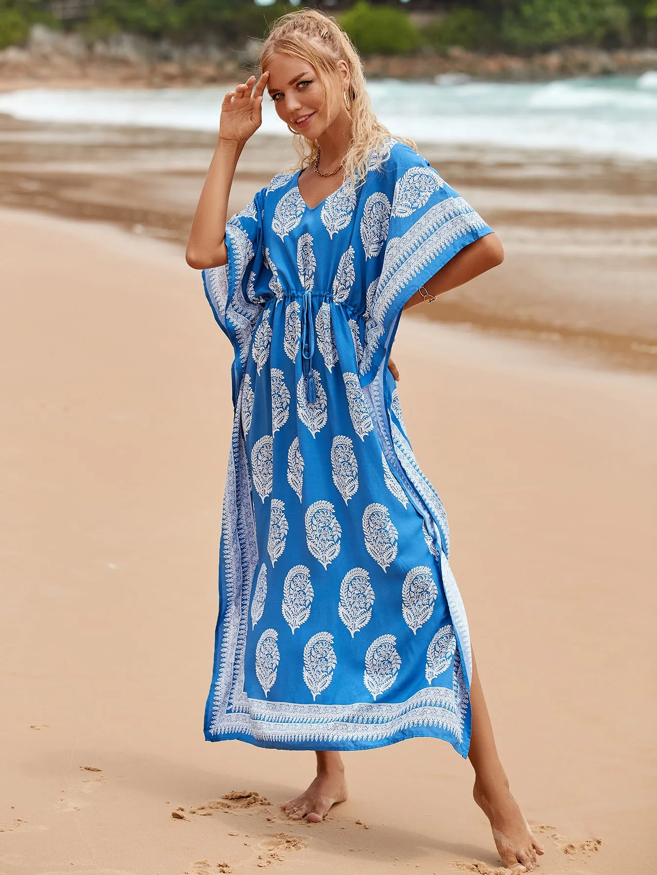 V-Neck Plus Size Caftan Swimsuit Cover Up with Side Split