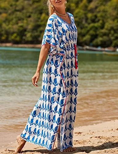 V-Neck Plus Size Caftan Swimsuit Cover Up with Side Split