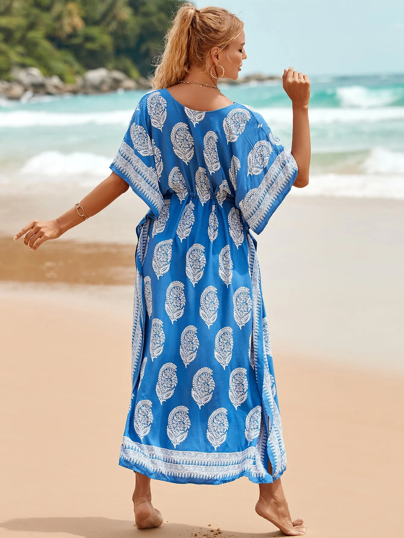 V-Neck Plus Size Caftan Swimsuit Cover Up with Side Split