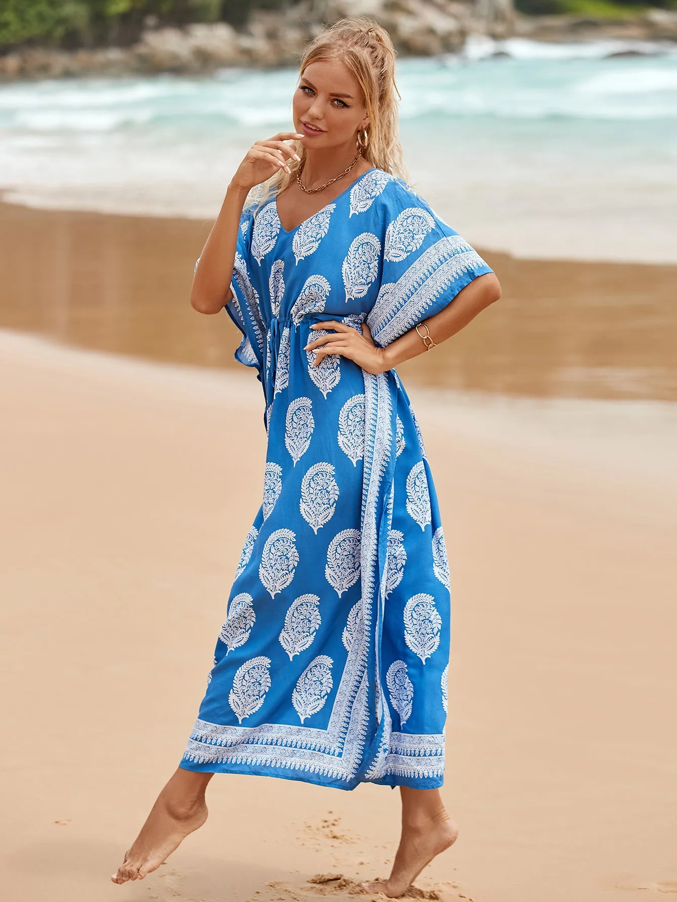 V-Neck Plus Size Caftan Swimsuit Cover Up with Side Split