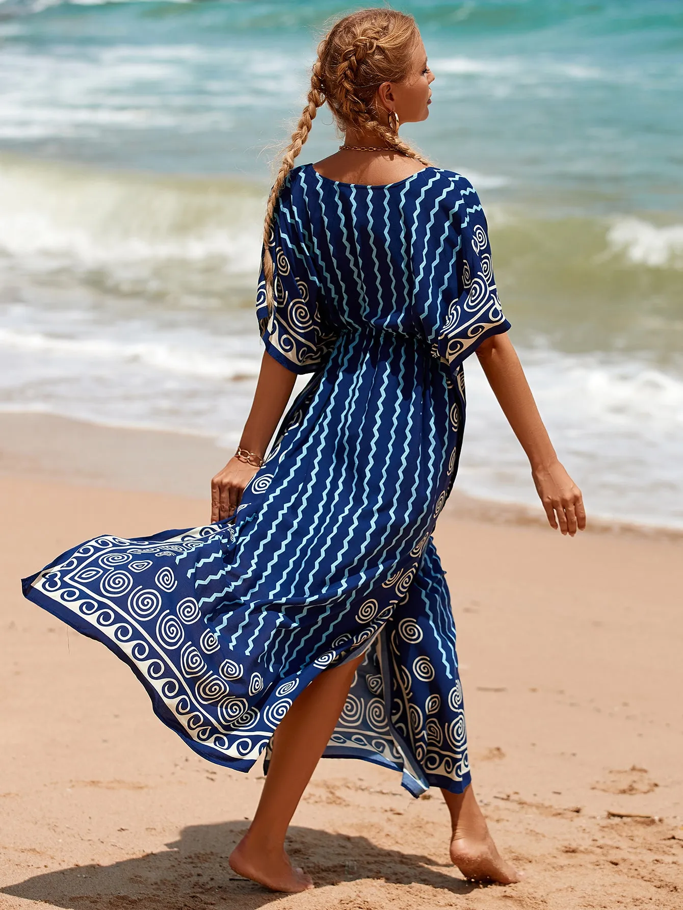 V-Neck Plus Size Caftan Swimsuit Cover Up with Side Split