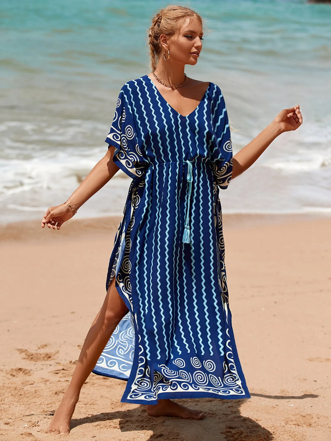 V-Neck Plus Size Caftan Swimsuit Cover Up with Side Split