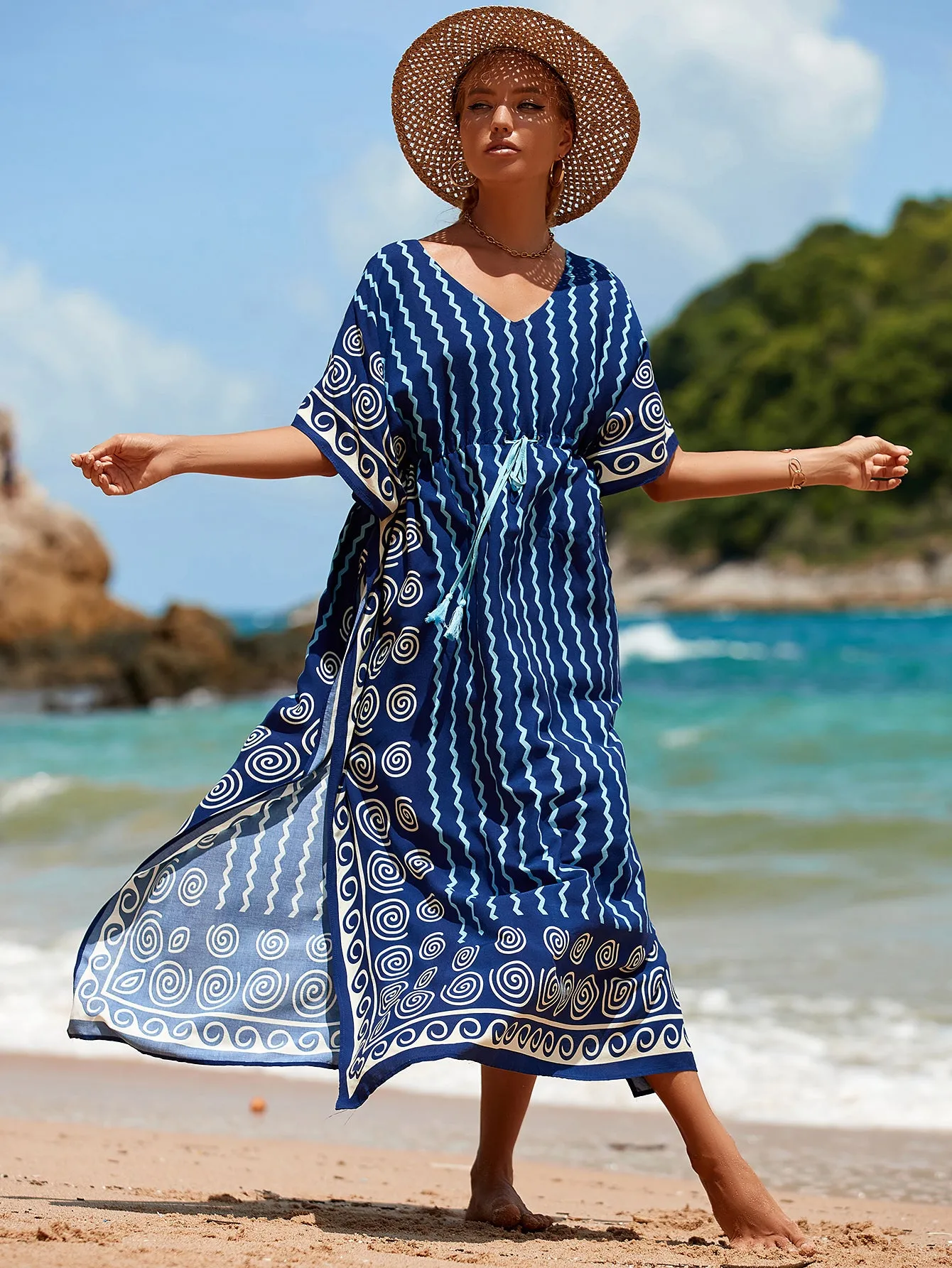 V-Neck Plus Size Caftan Swimsuit Cover Up with Side Split