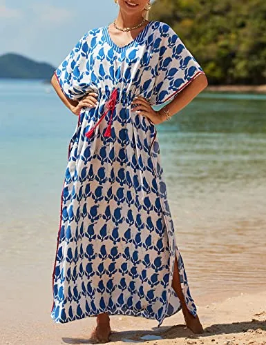 V-Neck Plus Size Caftan Swimsuit Cover Up with Side Split