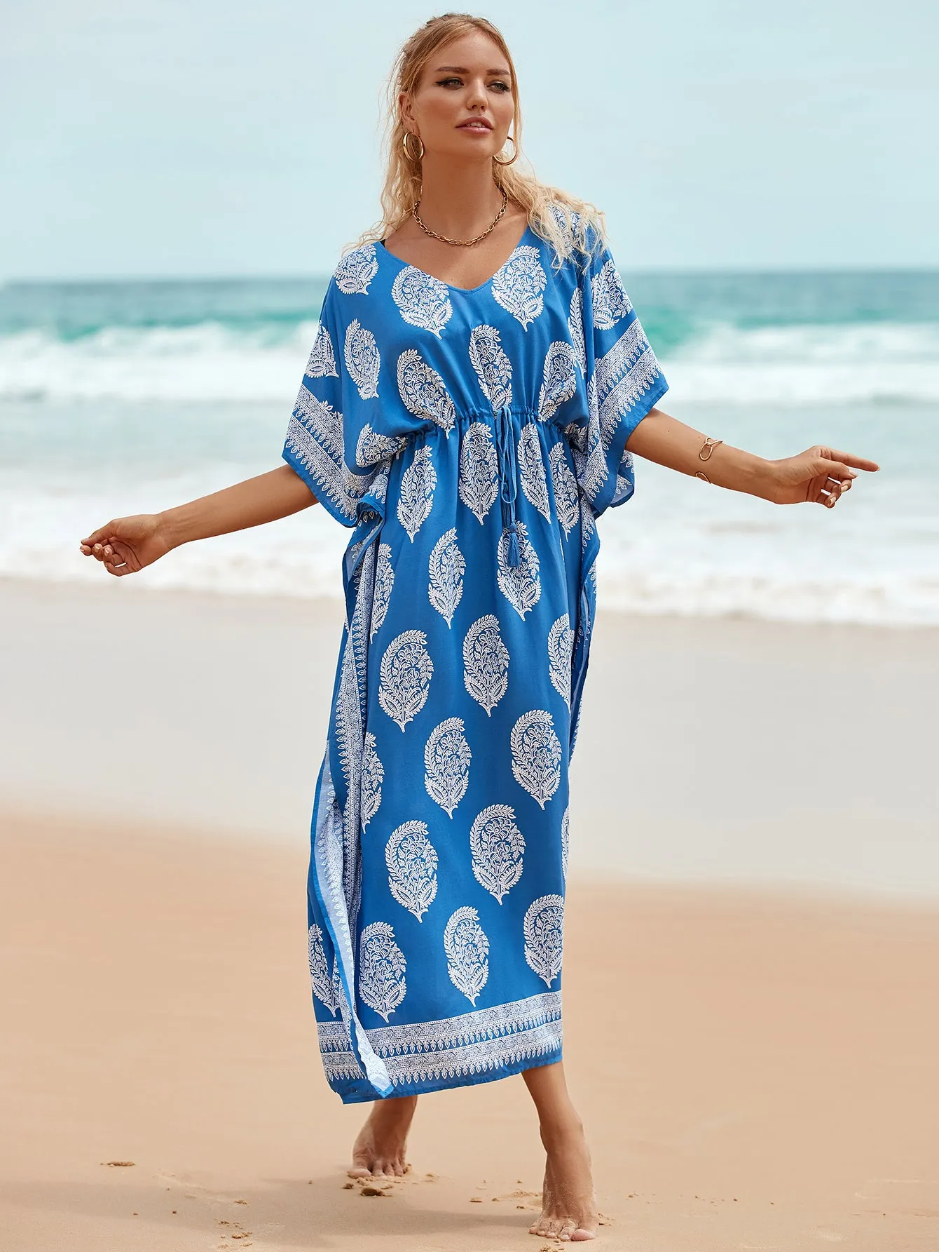 V-Neck Plus Size Caftan Swimsuit Cover Up with Side Split